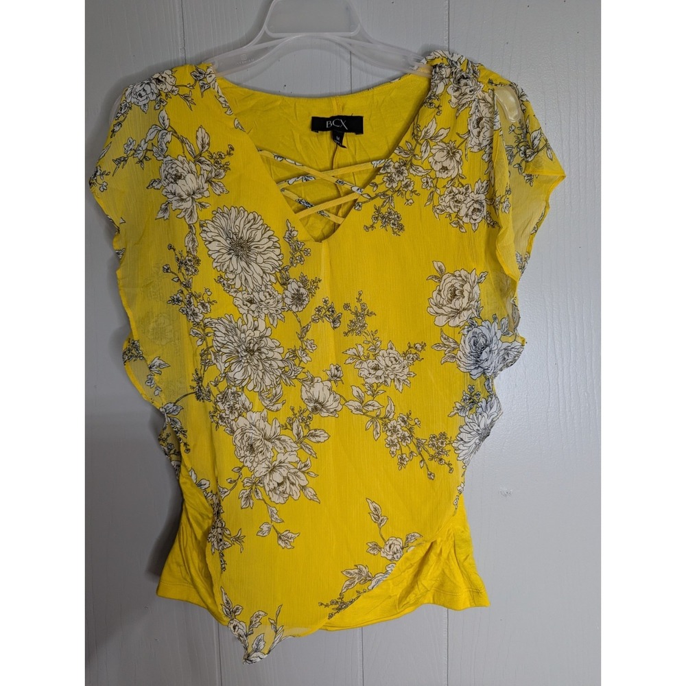 BCX Womens M yellow flower sheer overlay shirt top blouse Pat C NWT
